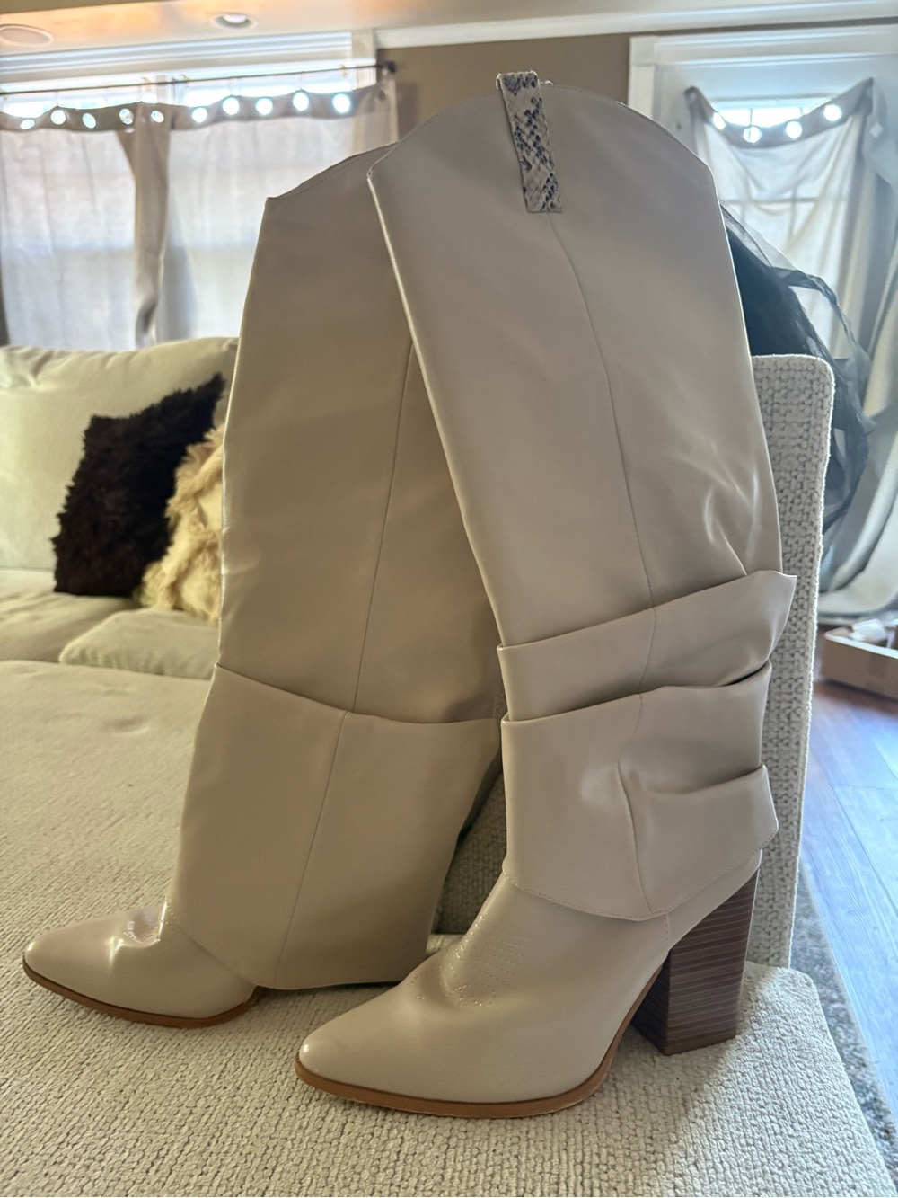 Women's Cream Slouch Block Heel Knee Boots - Fashion Forward